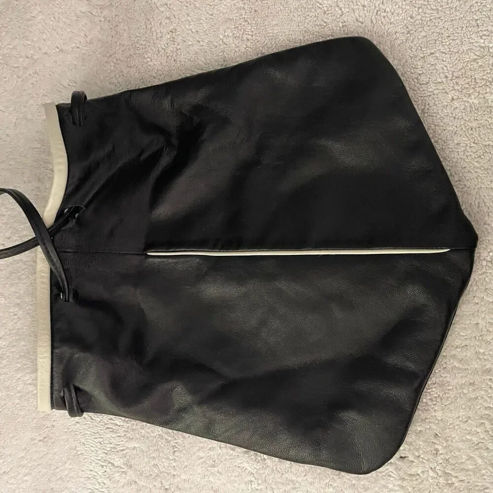 Vintage Black Leather Shoulder Bucket Drawstring Bag with White Trim Artsy 90s